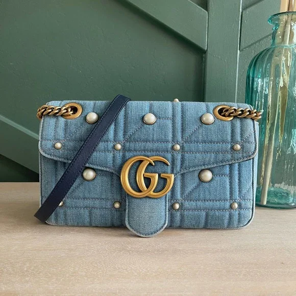 ❌SOLD❌Gucci GG Marmont Denim Pearl Small Flap Bag - Picture 1 of 14